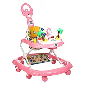 Mee Mee Simple Step Baby Walker with Push Handle, Foot Mat & Stopper (Pink)
