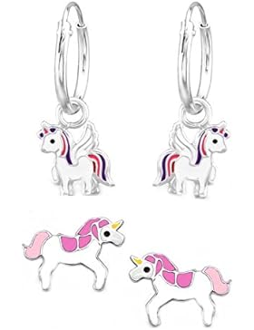 SL-Silver Set aus Kinderohrringen Creolen Einhorn und pinkes Einhorn 925 Silber in Geschenkbox