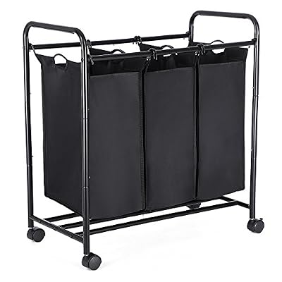 Songmics Chariot Panier à linge amovible en cadre métal 3 sacs avec la capacité de 117 L, couleur noir LSF003B