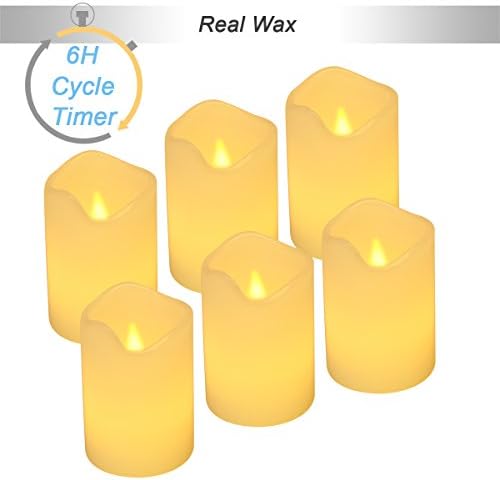 【Real Wax 6H Timer,200+ Working Hours】Flickering Real Wax Flameless Tealights Candles Battery Operated Votive Candles Tea Lights 6 Pack Amber Yellow Flame(Dia. 5cm x7.5cm Height)