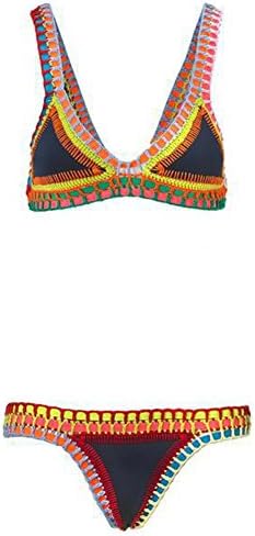 Paplan Women Neoprene Handmade Crochet Bikini Set Bra Swimsuit Swimwear