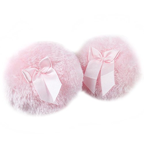 QianSheng 2 PCS Ultra Soft Plush Baby Fluffy Powder Puff with Cute Bowknot - 3.9" Diameter ( Pink )
