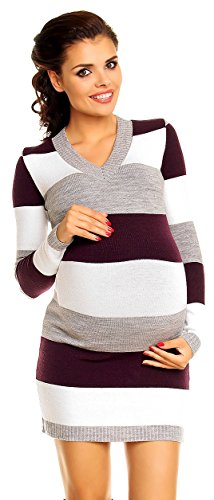 Zeta Ville Women's - Maternity Stripes Knit Jumper Dress Tunic Top V-Neck - 405c (Purple, ONE SIZE UK 8/10/12)