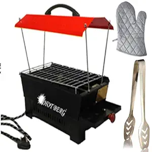 HOTBERG Electric & Charcoal Barbeque Grill Red Hut Shape Compact & Elegant Look with Healthy Cooking, 6 Wooden Hndle Skewers Barbeque with Wooden Handles-Red hut Electric Grill