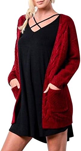 HENCY Women's Classic Open Front Long Sleeve Loose Knit Warm Cardigan Sweater with Pockets Red