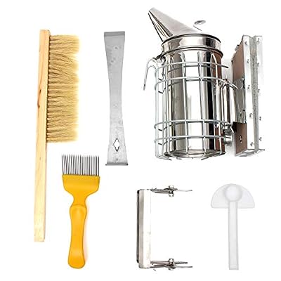 Janolia Apiculture Outil 6 en 1 Kit, y Compris Uncapping Fourche Outil Ruche Cadre Grip synthétiques Bee Hive Brosse Outil de Ruche Mini Apiculture entrée Feeder Bee Hive Fumoir en Acier Inoxydable