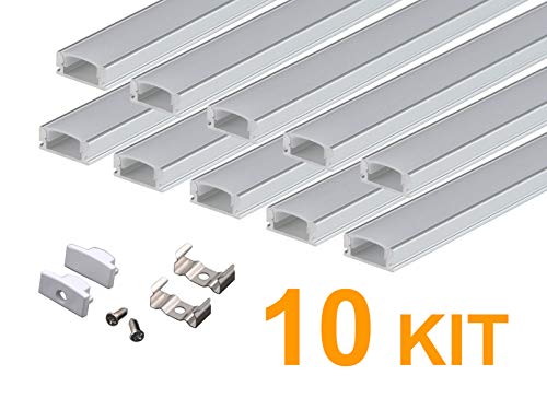 KingLed - 10 Pack Profilés Encastrables en Aluminium Anodisé LED de 2M chacun; Modèle CC-32 pour Bandes à LED avec Couverture Opaque en Plexiglas. Capuchons et Clips de fixation. Code 1232