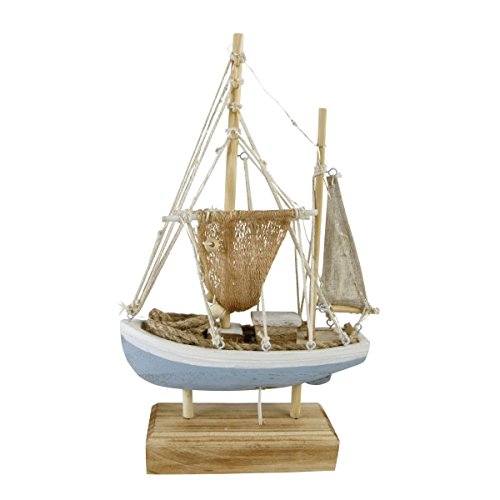 Fischer Boot con LED, Maritime Decorativa, Madera de Pino, Funciona con Pilas (2 Pilas AA no Incluidas)
