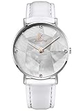 Alienwork Damen-Armbanduhr Quarz Silber mit Lederarmband Weiss Perlmutt Ultra-flach Slim-Uhr elegant