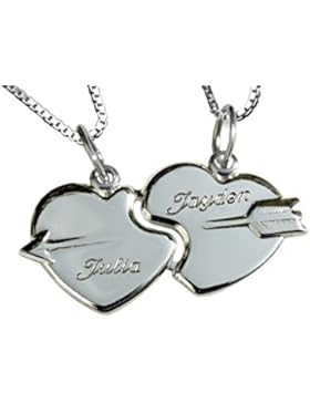 925er Silber Partneranhänger Herzen mit Pfeil + 2Ketten + Gravur: Vorne 2Vornamen ODER Vorne 2Vornamen +Rückseite...