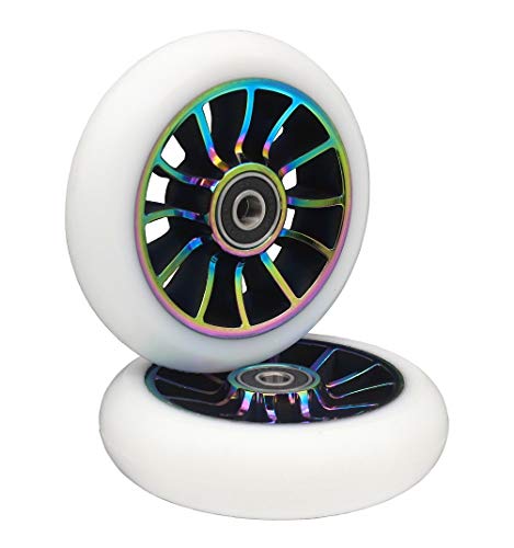 Paire de Roue de scooter série Pro Stunt 100 mm - Avec roulements ABEC 9 - Pour Land Surfer/Prodigy/Apollo/JD Bug Trottinette Stunt (Coloré / Blanc)
