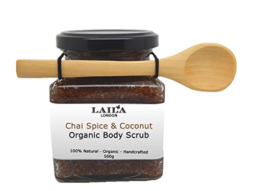 Chai Spice & Coconut Organic Body Scrub 100% Natural With Bamboo Spoon 350g Stretch Marks & Cellulite, Exfoliating Body Scrub - Soften Skin - Smooth Skin Before Tanning - Improve Circulation, Stimulate Collagen and Fight Aging - Reduce Ingrown Hairs, Bumps, and Clogged Pores - Helps Even Skin Tone and Prevent Dullnes