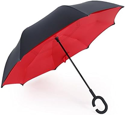 C-shaped Hands Handle Umbrella Windproof Reverse Folding Double Layer Inverted Umbrella Double Reverse umbrella and Self Standing Inside Out Rain Protection Umbrella (red)