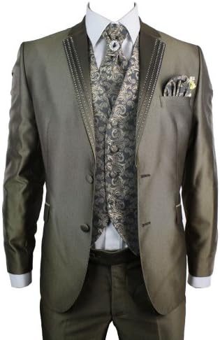 Mens Wedding Party Suit Brown Gold Diamonte Waistcoat Cravat Blazer &amp; Trouser