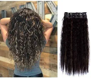 RAAYA 5 Clips 1 Piece Full Head Curly Hair Extensions Wig For Women And Girls Use Dark Brown With Highlighting