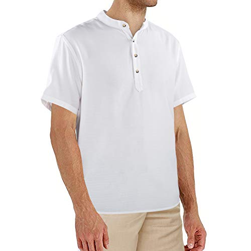 NGOZI Hombre Henley Lino Camisa de algodón Botón de Manga Corta Frente Blusa Llanura Stand Collar Polo Casual Tops Blanco Tamaño L
