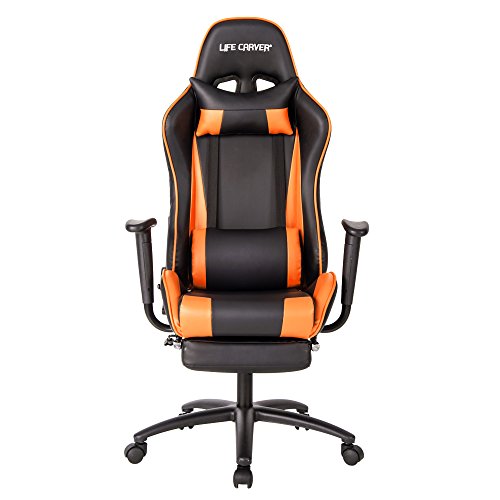 LIFE CARVER High Back PU Leather Racing Sport Gaming Chair with Foot Stool Computer Home Office Chair Recliner Swivel Desk Armchair (Black&Orange)