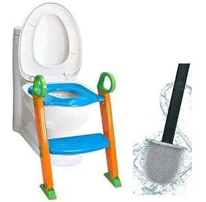Friza Baby Potty Toilet Trainer Seat for Kids with Ladder Step up Training Stool with Adjustable Foldable with Toilet Brush - Multicolor
