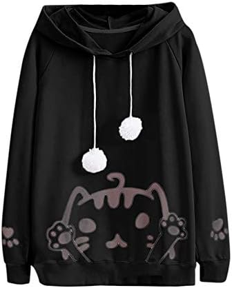 QEWMSOZNDPOS Women Ladies Comfy Long Sleeve Cute Cat Printed Hooded Hoodie Sweatshirt Loose Blouse Casual T Shirts