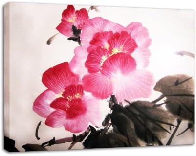 CHINESE FLORAL PAINTING CANVAS ART PINK A2 mounted and ready to hang finished size 20 x 14 inches (52 x 36 cm)