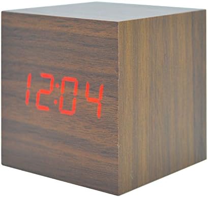 GANGHENGYU Wooden Alarm Clock LED Digital Silent Home Travel Bedroom Desktop Electronic Bells Control Function Promotional Gifts for Kids (Brown Wood Red Light)