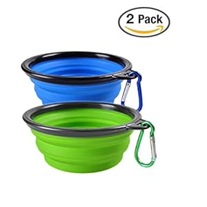 Woodlandu portátil Plegable de Viaje de Silicona para Mascotas Perro Gato Comida Agua Verde, Azul Cuencos con mosquetón, para Caminar Camping alimentación y riego