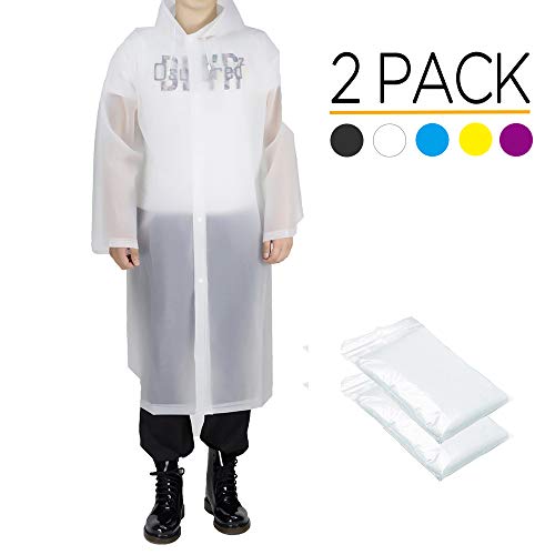 Opret Rain Poncho for Adults, Reusable Waterproof Raincoat with Hoods and Sleeves, Lightweight EVA Transparent Rainwear, 2 pack, White