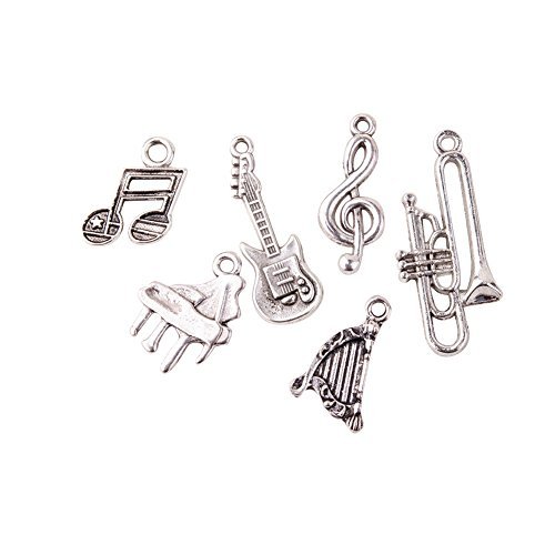comprare on line Pandahall 5 Set 30PCS Ciondoli per Collane Bracciali in Lega, Colore Argento, Stile Tibetano, Tema Strumenti Musicali, Chitarra, Arpa, Tromba, Pianoforte, Nota musicale, Senza Piombo, 17~35x10~16x1~2.5mm, Foro: 1~3mm prezzo
