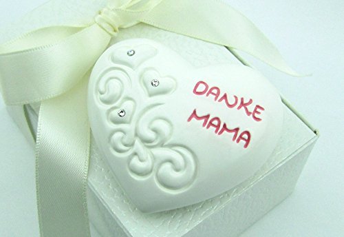 Wunderschönes Deko Herz, DANKE MAMA, MADE WITH SWAROVSKI® ELEMENTS, Deutsche Handarbeit, Weihnachtsgeschenk (weiß glanz rosa)