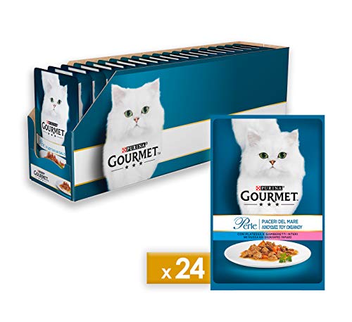 Gourmet Perle Purina Umido Gatto Piaceri del Mare con Platessa e Gamberetti Interi, 24 Buste da 85 g Ciascuna, Confezione da 24 x 85 g