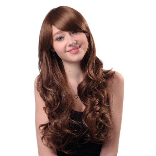 Bigood 68cm Medium hairstyle long curly Inclined bang Fluffy Dark brown wig