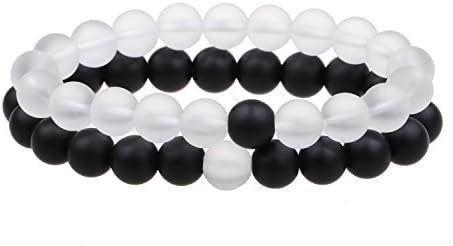 ISHOW Yin Yang Balance Black White Stone His and Hers Couple Distance Bracelet 2pcs (All Matte Agate)