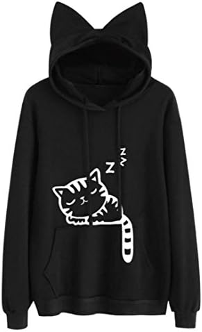 Women’s Cat Printing Long Sleeve Hoodie Sweatshirt Sunday Hooded Pullover Tops Blouse Cute For Teen Girls Sweatshirts＆Sweater Cute Cat Ear Hat Hoodie (M, Black)