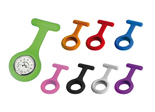 Schwesternuhr 8er Set (1x Quarzuhr + 8 Silikonhüllen) Krankenschwesteruhr mir Smiley Orig. Tiga-Med m.Sicherheitsnadel Kitteluhr