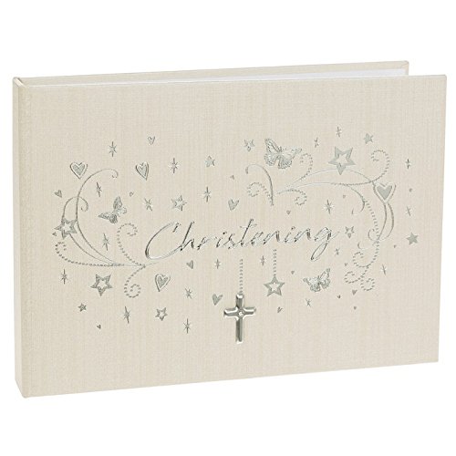 WHITE WITH SILVER CROSS CHRISTENING GUEST BOOK
