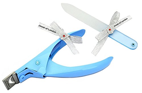 Jewel of London Stainless Steel Professional Precision 5" Blue Lacquer Gem Encrusted False / Fake / Acrylic / Artificial / UV Gel / Fiberglass Nail Tip / Profile / Edge Cutter / Clipper / Trimmer / Slicer with Gem Encrusted 12 cm Glass Nail File. Certified High Quality Construction, 3 Years No-Risk Guarantee Plus Jewel of London Cashback Offer