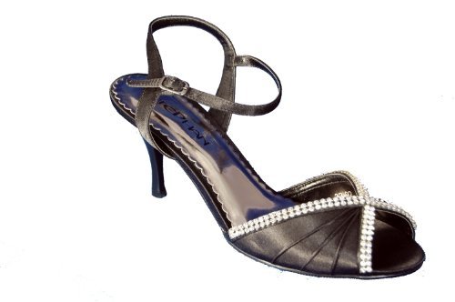 Beautiful delicate looking satin peep toe shoe with diamante trim and ankle strap. Available in Black, Grey and Gold.