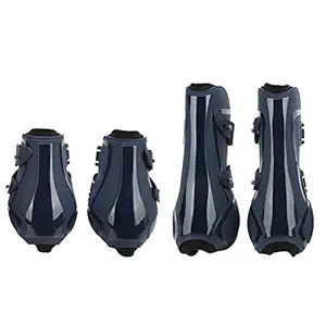 Horse Hind Tendon Boots, Horse Tendon Brace Guard PU + Neoprene Shock Absorbing Competition for Riding for Jumping(A Set of Navy Blue, L)