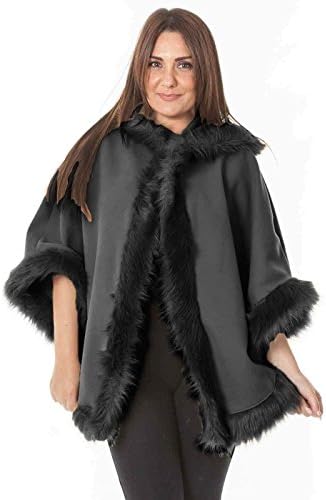 Ladies Womens Warm Winter Hooded Cape Wrap Faux Fur Trim Batwing Poncho Coat (Black)