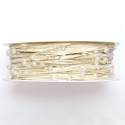 Dekoband Schleifenband Geschenkband Organza Perlen Schnur Kordel 15m, Farbe:creme