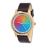 Rainbow Watch - Cool Wood Bamboo Gamma Unisex Armbanduhr Quarz, Colorchanging Echtlederarmband Dunkelbraun
