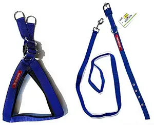 Tame Love? Combo of Adjustable Chest Belt Harness and Dog Collar Leash Belt for Adult Breeds (Blue Color - 1.25 Inch)