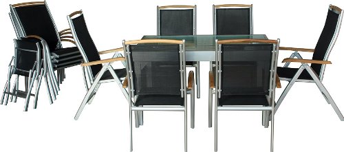 IB-Style - DIPLOMAT XXL Topqualität Gartenmöbel 13-Teilig | Fussbänke inklusive | Silber - Schwarz - Teak | Ausziehtisch bis 135-270 cm | Sicherheitsglas | Gartengruppe Gartengarnitur Sitzgruppe Gartenmöbelset