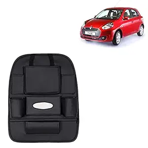 RD Universal PU Leather Car Auto Seat Back Organizer Multi Pocket Travel Storage Bag with Hangers, Tissue Paper and Bottle Holder-Black Colour Compatible for Renault Pulse
