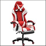 DDSGG Chaise De Bureau Gaming, Racing Sport Ergonomique, avec Repose-Jambe Cousin Lombaire Et pour La Tête, Accoudoirs Hauteur Et Inclinaison Réglables,Whitered