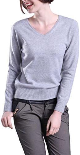 Winfon Women Sweater Wool V Neck Winter Knitted Long Sleeves Pullovers Jumper knitwear Tops (L, Light Grey)