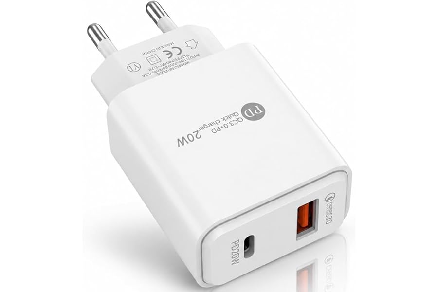 Dual Port USB Wall Charger, 20W USB-C PD and 18W USB-A, EU Plug, 86.7 x 42.2 x 26.2mm, Fast Charging for Home, Office, Travel