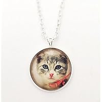 Hals-Kette Glas-Cabochon mit Anhänger Motiv Katze 20mm silber-farben Handmade Kätzchen Kinder Damen Mädchen handgemacht by Schmuckphantasien