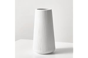 JUZAI White Ceramic Ribbed Vases for Minimalist Modern Home Decor, Simple Nordic Style Decorative Flowers Vase for Wedding Dinner Table Office Bedroom - 8 Inch / 20 CM