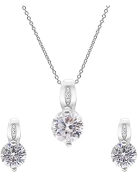 Silverly Frauen, 925 Sterlingsilber runde Doppel Zirkonia Ohrstecker Halskette Set, 46cm